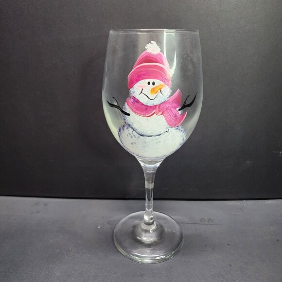 Hand Painted Pink Snowman Stemmed Wine Glass Winter Christmas 9'' Tall - Picture 1 of 5